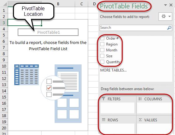 The PivotTable will be inserted onto a sheet and will look similar to the screenshot below.