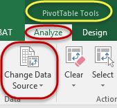 To change the original data source, make sure the cursor is within the PivotTable, navigate to the PivotTable Tools Analyze tab and then