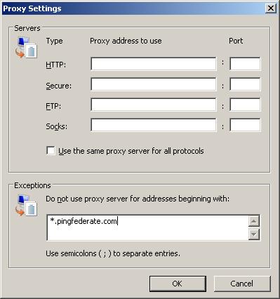 In the Proxy Settings dialog box, enter the PingFederate IdP server s fully