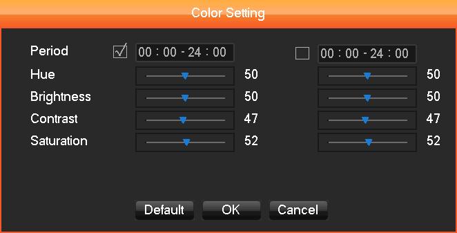 The Color Setting menu adjusts a specified screen s (single screen) image color, hue, brightness, contrast, and saturation parameters.