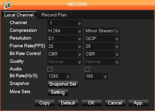 3.13.2. CONFIGURATION MENU > THE RECORD MENU The second item in the Configuration menu is Record. Click on it to call up the menu. There are two tabs in the Record menu, Local Channel and Record Plan.