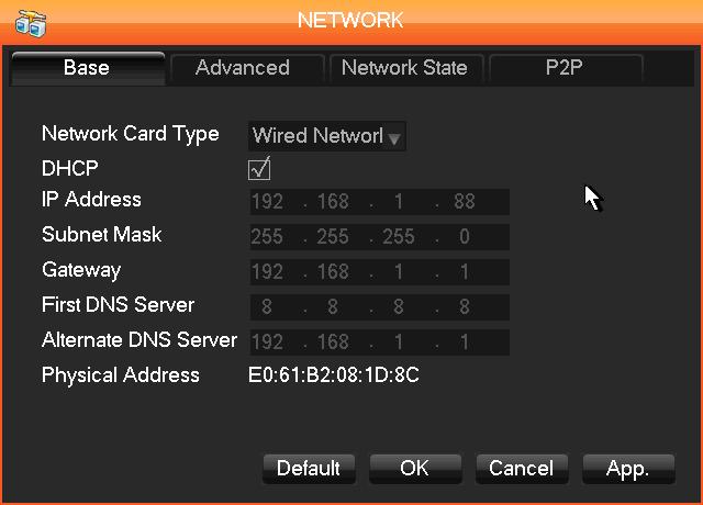 NETWORK MENU - The Base Settings Tab Base settings tab interface Diagram 3-21: DIAGRAM 3-23 NETWORK CONFIGURATION-BASE CONFIGURATION Network Card Type: The network card type is fixed for this device.