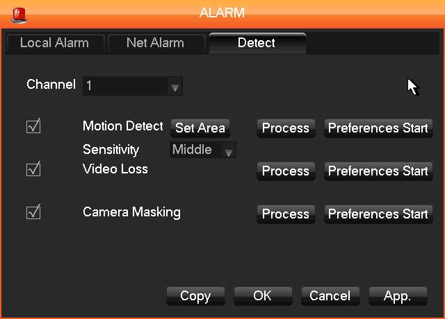 CONFIGURATION menu > the ALARM menu The Alarm menu contains settings for the DVR's alarm functions. The menu has three tabs: Detect, Net Alarm, and Local Alarm.