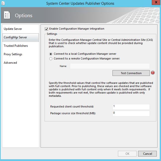 Click on the ConfigMgr Server tab in the Options pane. Check the Enable Configuration Manager integration checkbox.