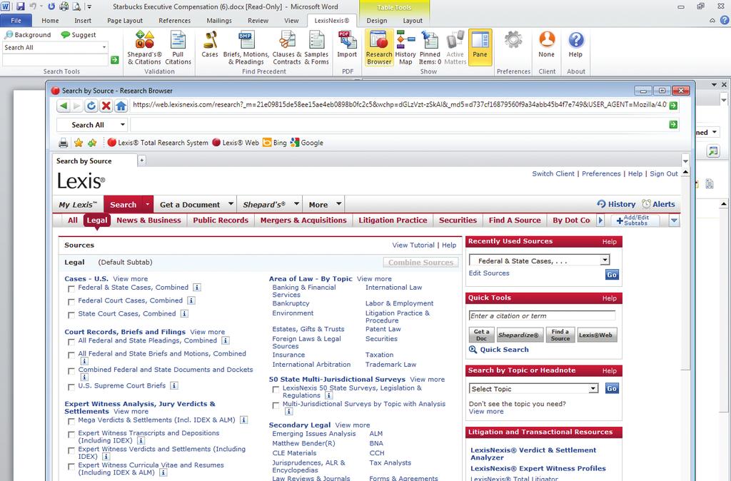 Research Browser provides one-click access to lexis.com to create a seamless bridge between Lexis for Microsoft Office and your research to enable deeper research capabilities within your document.