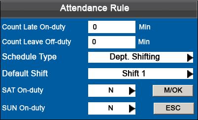 Press key to select Attendance Rule and press [M/OK] key to enter the Attendance Rule interface. 5.1 Attendance Rule All attendance statistics are collected based on attendance rules.