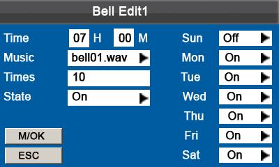 Press / to select bell then press [M/OK] key to enter the Bell Edit interface. Press to select items and set as need. After setting, press [M/OK] to save the setting and quit.