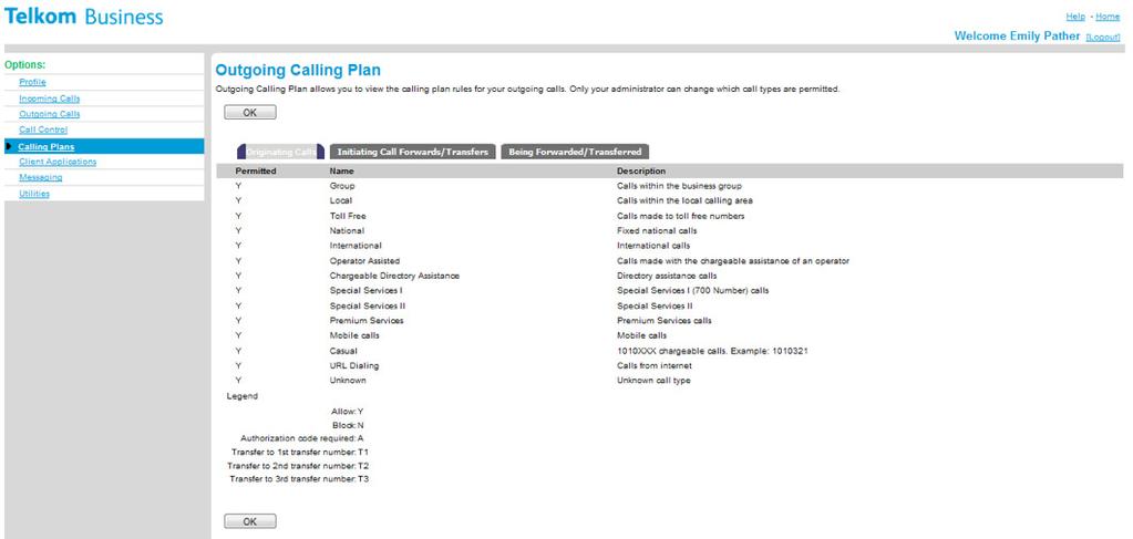 b. Click the Outgoing Calling Plan option. The following screen will be displayed. a.