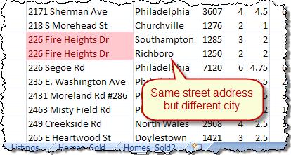 Duplicate Street Addresses Highlighting Duplicate Values Using Conditional Formatting Press Ctrl+Home to return to the top of the Private_Homes sheet.