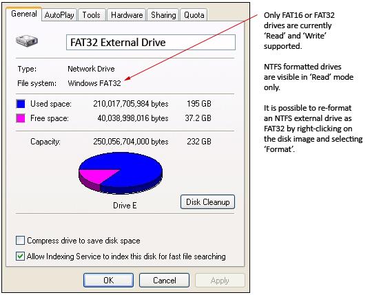Please note that the external hard disk drives must be formatted as FAT (File Allocation Table) format in order to read and write to the disk.
