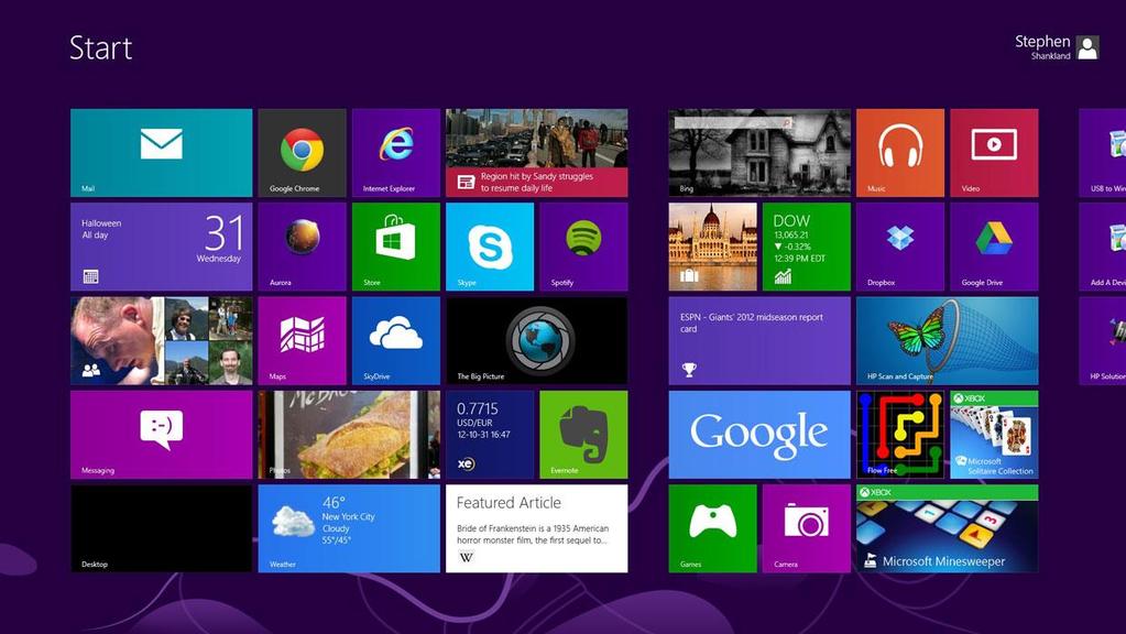 Windows 8.1 Start Screen Desktop Tile List all Apps arrow The Start screen consists of tiles, which point to Windows 8 Apps & programs.