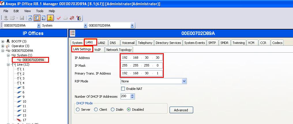 5.2. Display LAN Configuration In the IP Offices window expand the configuration tree in the left pane and double-click System. During compliance testing the System was called 00E00702D89A.