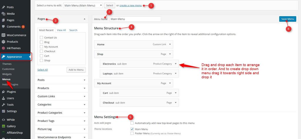 Go to Appearance > Menus in the WordPress menu Click on Create a new menu link Now add the menu item, you can choose Pages, Custom links, Category etc.