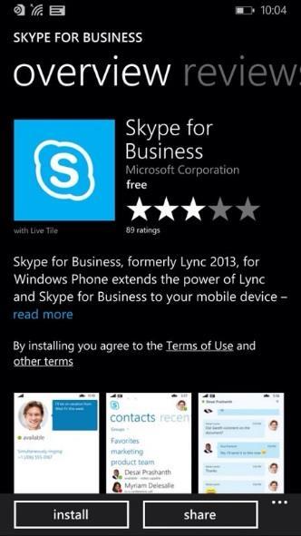 2. Use the search function to find Skype for Business 3. Tap on Skype for Business and then tap Install at the bottom left of the screen.