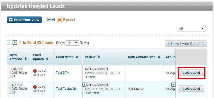To update a lead, click on Update Leads under your eligibility light on the home page.