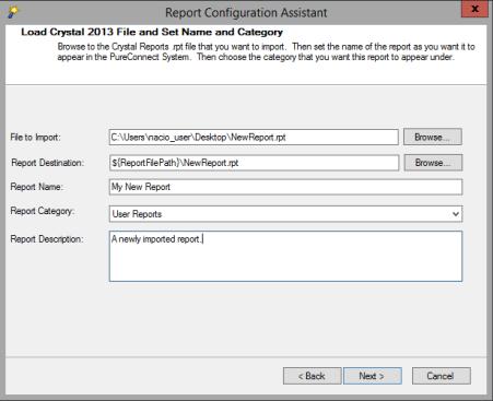 Complete the Load Crystal 2013 Files and Set Name and Category page 1. To complete the File to Import box, click Browse and select the Crystal Report (.rpt) file.
