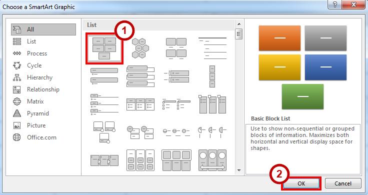 Figure 37 - Choose a SmartArt Graphic 5. The selected SmartArt graphic will be inserted into your Word document.
