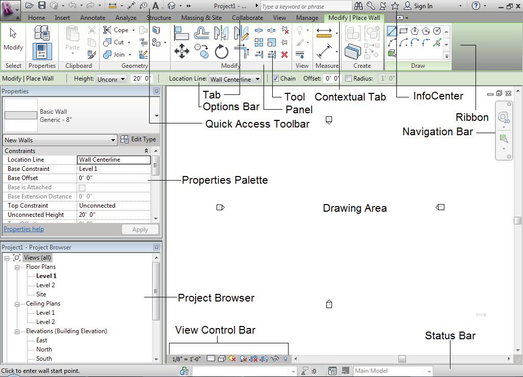 1-12 Autodesk Revit Architecture for Architects and Designers Figure 1-7 The Autodesk Revit Architecture 2012 user interface screen Invoking Tools To perform an operation, you can invoke the required
