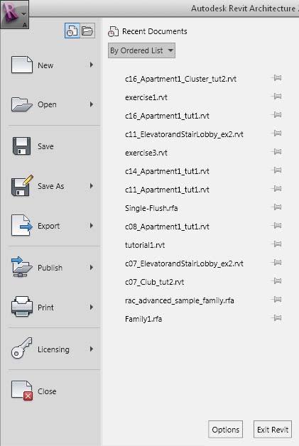 Introduction to Autodesk Revit Architecture 2012 1-15 Application Button The Application button is displayed at the top-left corner of the Revit interface.