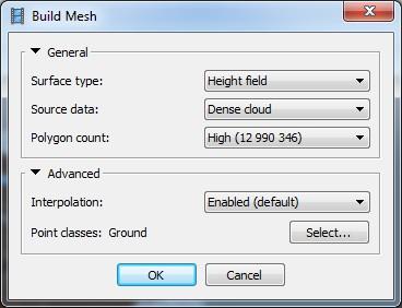 Build Mesh New when the dense point cloud has been generated it is possible to generate polygonal mesh model based on the certain point classes.