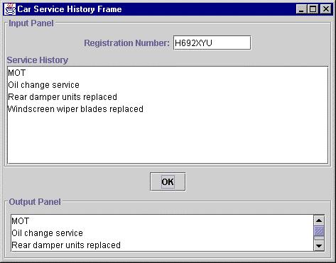 2 5.3 CAR SERVICE GUI Figure 5.1 shows what we are aiming for. Figure 5.1 Text Area Input Output The user enters a car's registration number and makes some entries in the Service History area of the input panel.