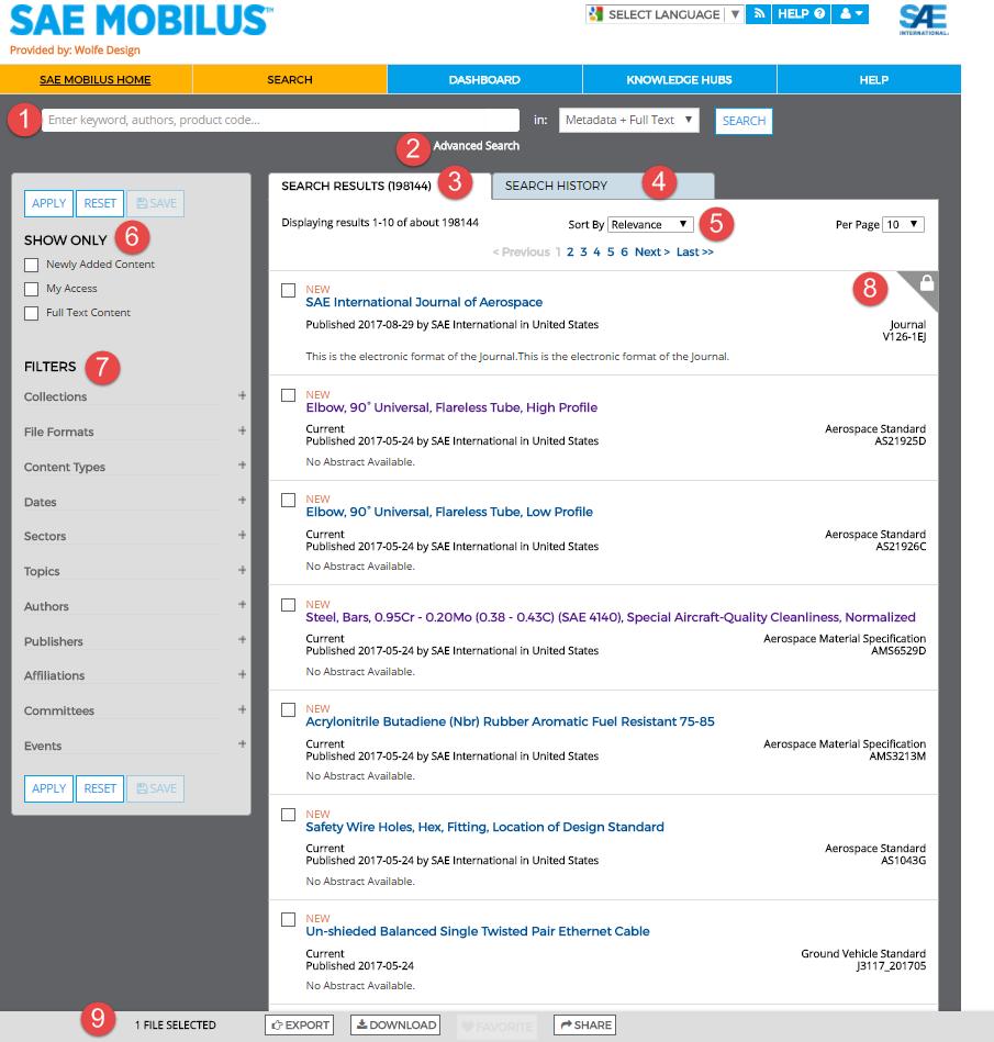 6. SEARCH Access to SAE MOBILUS content begins with Search or Advanced Search. Each tool has its own benefits depending on your experience with searching techniques. 6.1 Tour of the Search page 1.