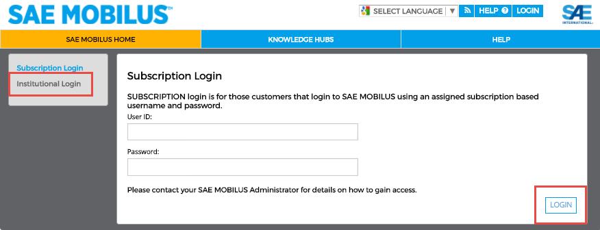 Institutional Login If you have single sign-on credentials (via Shibboleth), go to the SAE MOBILUS homepage by visiting https://saemobilus.sae.org/ 1. Select Login located in the upper right. 2.