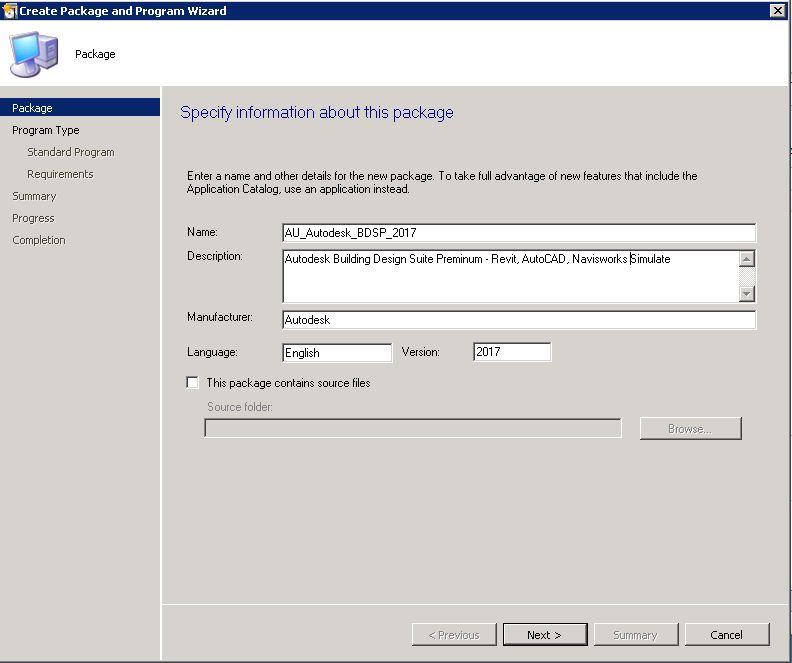 SCCM packages creation Specify