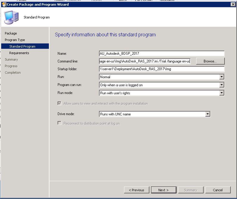 SCCM packages creation Input the information about this standard program.
