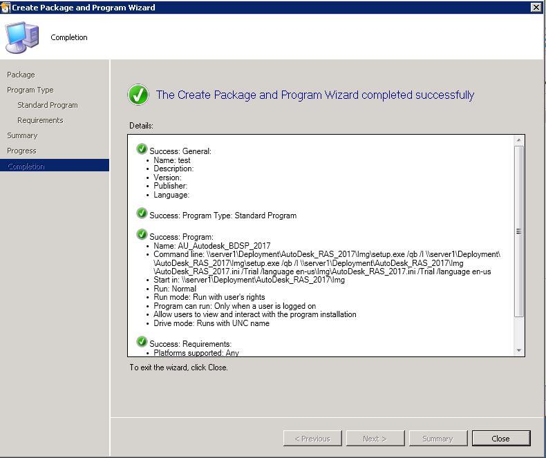 SCCM packages creation Click close and