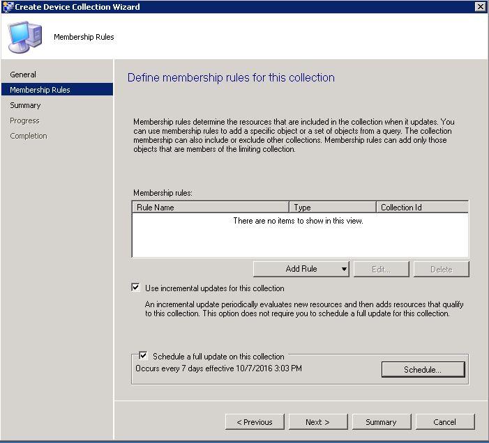 SCCM packages creation Define membership rules for the collection.