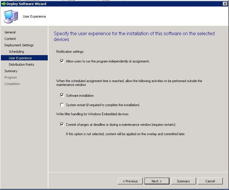 SCCM packages creation Specify the schedule for this deployment is complete Click next User