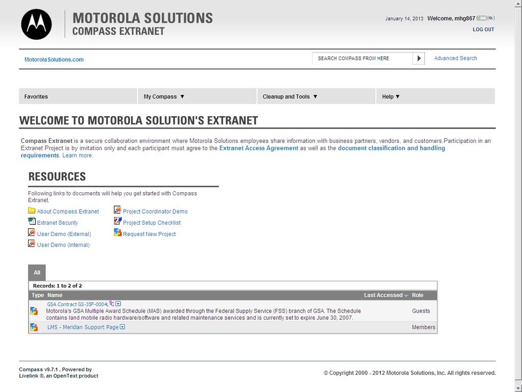 Accessing the Compass Extranet continued The Welcome to Motorola