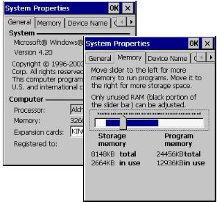 4.8 SYSTEM PROPERTIES The System Properties dialog provides System, device, and copyright information for the CE Panel. It also provides memory allocations for storage and programs.