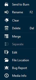 out right-click menu for more operations, including: Send to Burn, Rename, Clear, Delte, Merge/Separate,