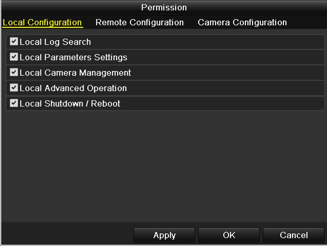 Operator: The Operator user level has permission of Local Log Search in Local Configuration, Remote Log Search and Two-way Audio in Remote Configuration and all operating permission in Camera