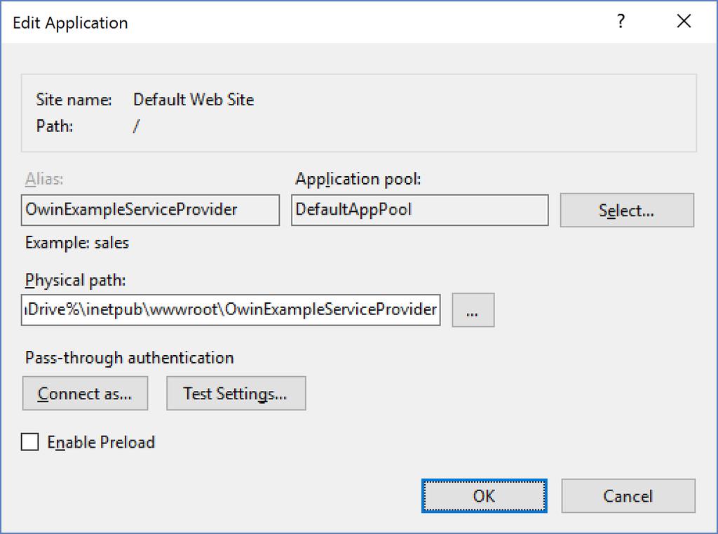 Figure 26 OwinExampleServiceProvider Installation 10.3.3 Configuring the OWIN Identity Provider The identity provider configuration is contained within its web.