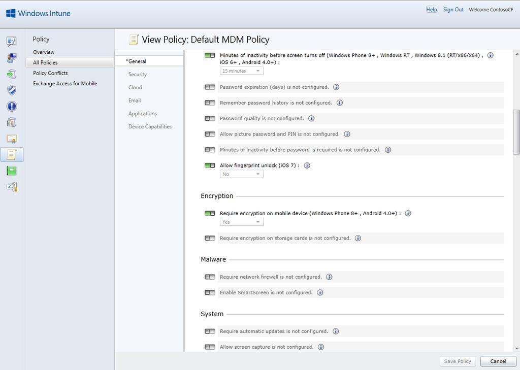 Mobile Device Settings in Microsoft Intune * Subset of
