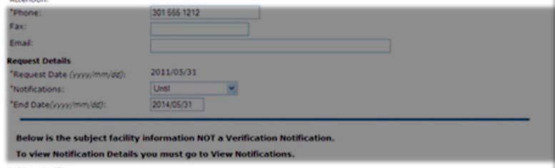 Facility Verification Request window