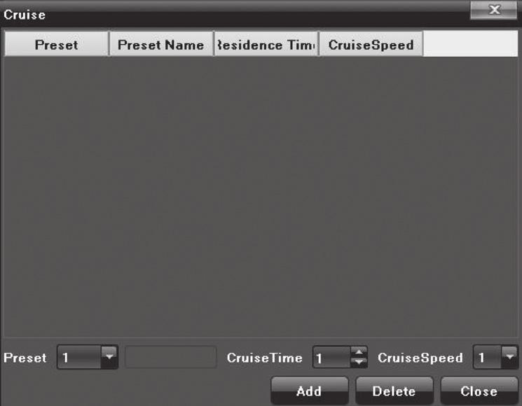 Cruise Screen On the Cruise screen, set preset, preset name, residence time and cruise speed, then click Add to create a new cruise preset. Click Delete to clear the preset.