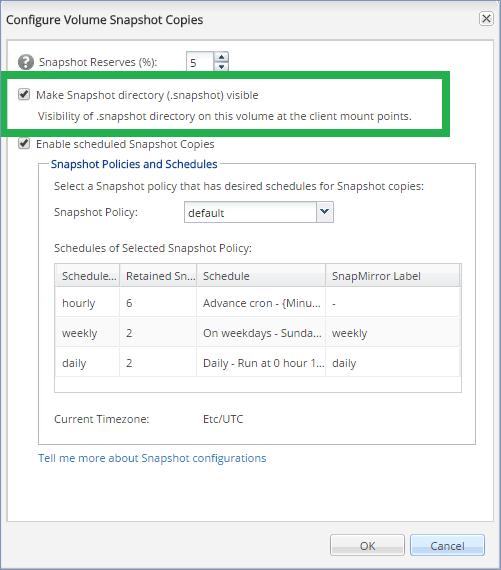 In the NetApp OnCommand System Manager, the Snapshot copies > Configure > Make Snapshot directory (.snapshot) visible check box must be selected for the volume where the datastore is located.