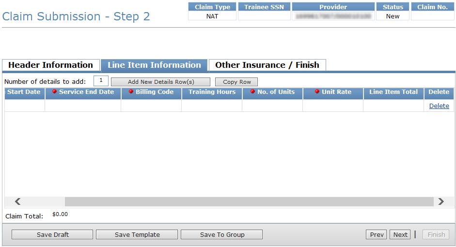 2) Click the Line Item Information tab. Complete all of the required fields as indicated by a red dot.