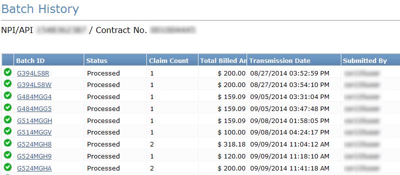 3) Click on a Batch ID to view the list of claims included in that batch. Note: The Claim Count column indicates the total number of processed claims, not necessarily the total number of paid claims.