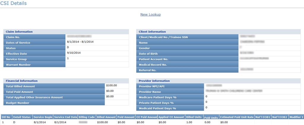 2) The CSI Details page will display and auto populate most of the fields, including the status of the Claim.