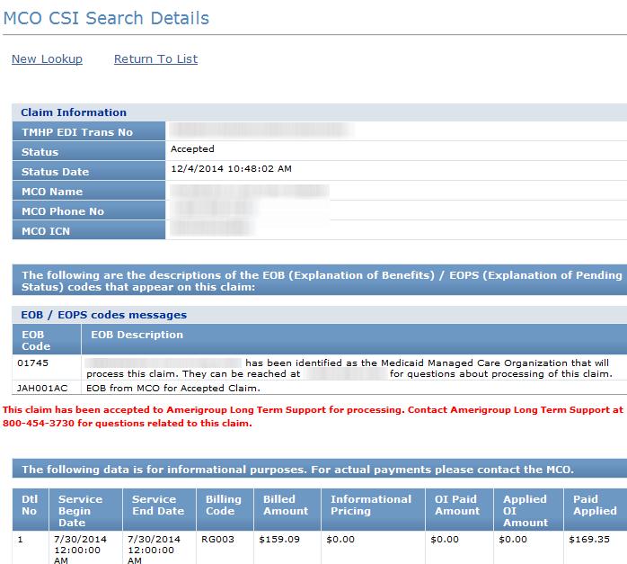 2) The MCO CSI Search Details page will display and auto populate with the MCO ICN in the Claim Information section.