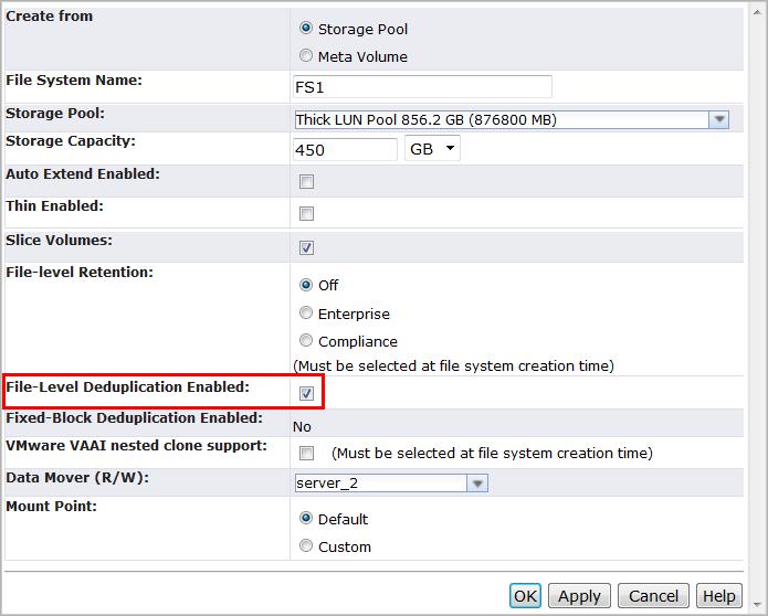 Figure 39 below shows the File-Level Deduplication Enabled setting, which can be enabled at the time the File System is created. Figure 39.