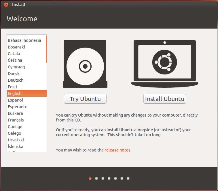FFI IIGGUURREE 11 Choose a language in this opening screen. From this screen, you may choose to Install Ubuntu or you may choose to Try Ubuntu without making any changes to your system.