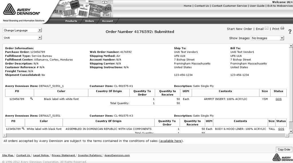 Order Confirmation Order Confirmation This page confirms that your order has been submitted to the Avery Dennison Service Bureau for processing.