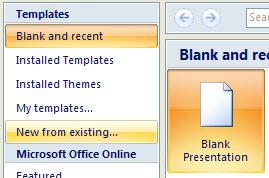 However, if you need to start a new presentation OR you want to start a new presentation with one of the built-in themes, you will want to click on the Office Button in the top left corner, and then