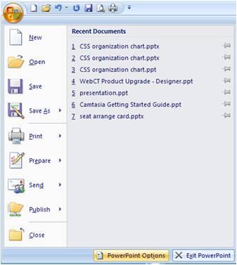 powerpoint 7 Change the Default Save file as PowerPoint 97-2003 (*.ppt) 1. From the Office button and click PowerPoint Options.